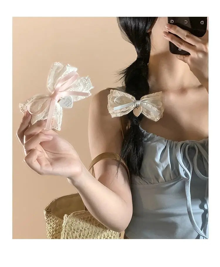 1 pair Sweet Girls Hair Clips Lace Pink Heart Lolita Bow Hairpin for Female Lolita Hair Clip Hair Accessories Barrettes Headwear