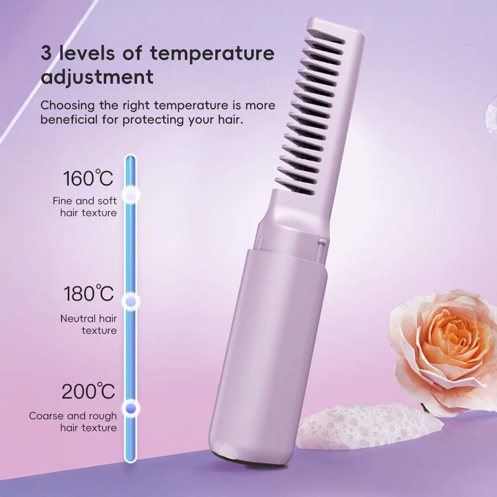 2-in-1 Wireless Hair Hot Comb Portable Mini Type-C Rechargeable Hair Straightener Fast Heating Hair Straightening Styling Tool