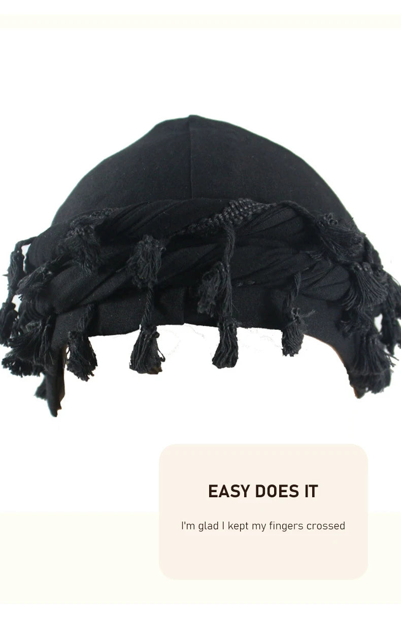 Men Braid Hat Turban Durag Wave Cap Halo Lined Hat for Men Women Head Wraps Cap with Tassel Elastic Pre Tie Waves Braids Cap