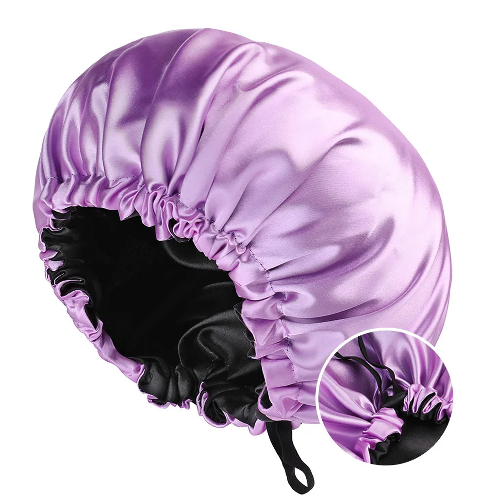 Adjustable Double Layer Satin Bonnet Nightcap Doubleside Women Round Shower Caps Night Sleep Polyester Hat Solid Black Lining
