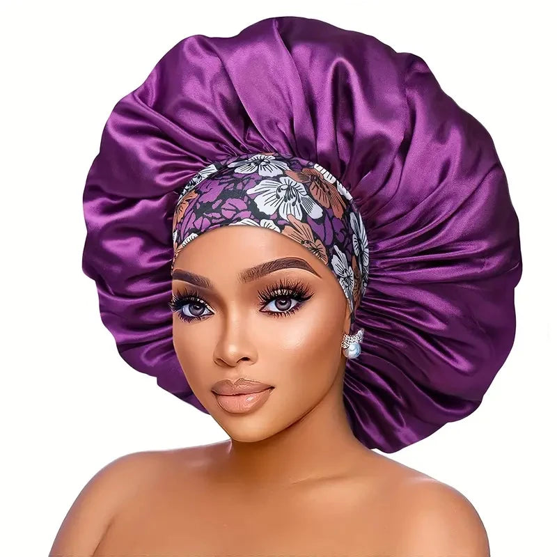 Women Extra Large Silky Satin Hair Bonnet Thick Hair Sleep Cap Elastic Band Beanie African Headwrap Flower Turban Chemo Caps