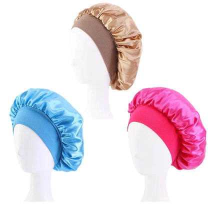 Women Satin Bonnet Hair Bonnet for Sleeping Hair Care Silk Bonnets Solid Wide-brimmed Sleeping Hat with Elastic Soft Band
