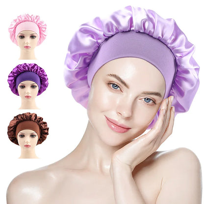 Women's Satin Solid Bonnets Wide-brimmed Night Sleeping Bathing Hat Unisex Head Wrap Elastic Band Cap Hair Care Bonnet