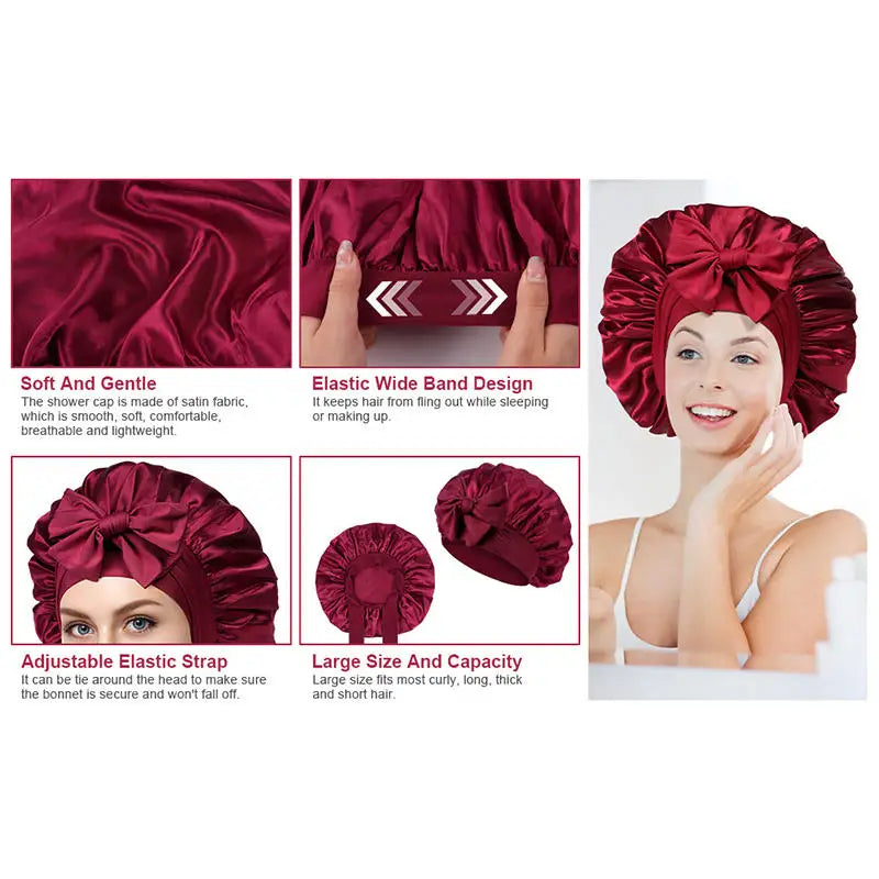 New Elegant Satin Lined Bonnet Double Layered Ribbon Round Hat Wide Brimmed Bath Hat Black Sleep Cap for Women Curly Hair