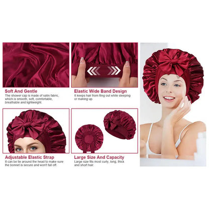 New Elegant Satin Lined Bonnet Double Layered Ribbon Round Hat Wide Brimmed Bath Hat Black Sleep Cap for Women Curly Hair