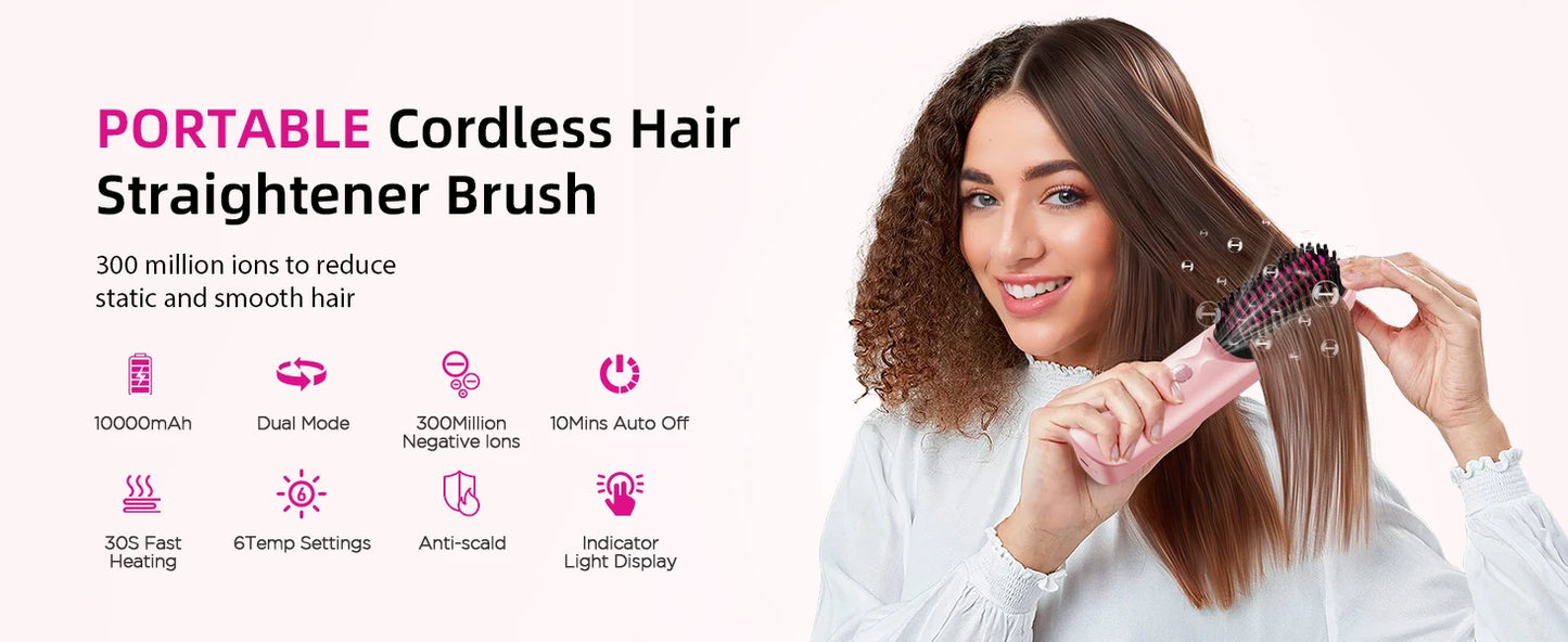 Cordless Hair Straightener Portable Brush 30s Fast Heating 10000mAh Rechargeable 300 Million Negative Ions Straightening Comb