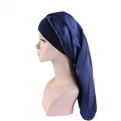 1Pc Simulated Silk Sleeping Hat Curly Hair Oversized Hat Braided Satin Hat Women's Silk Long Barrel Elastic Hairband Hat