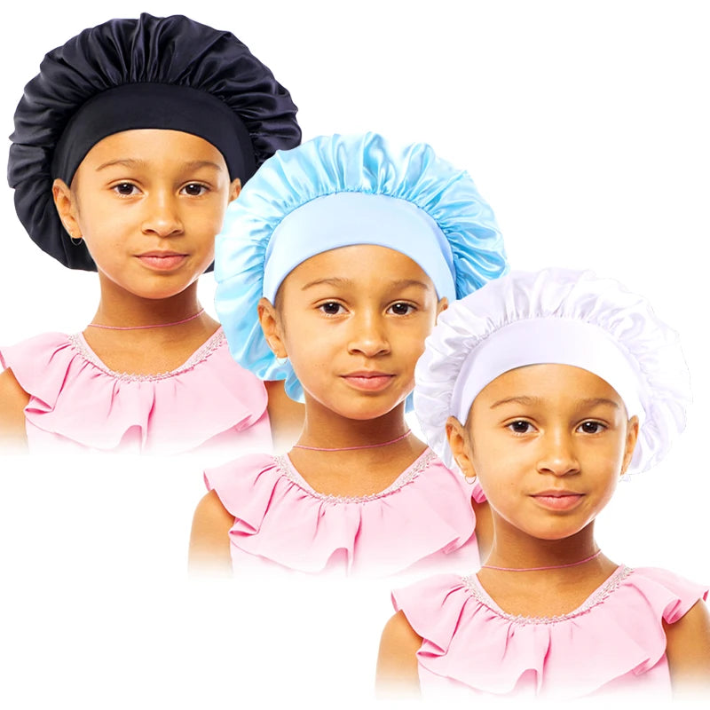 3pcs/lot Baby Stertchy Band Stain Bonnet Silk Wide Band Sleeping Cap Kids Turban Night Hat Care Beanie Silky Solid Color Turban
