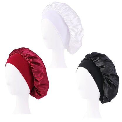 Women Satin Bonnet Hair Bonnet for Sleeping Hair Care Silk Bonnets Solid Wide-brimmed Sleeping Hat with Elastic Soft Band