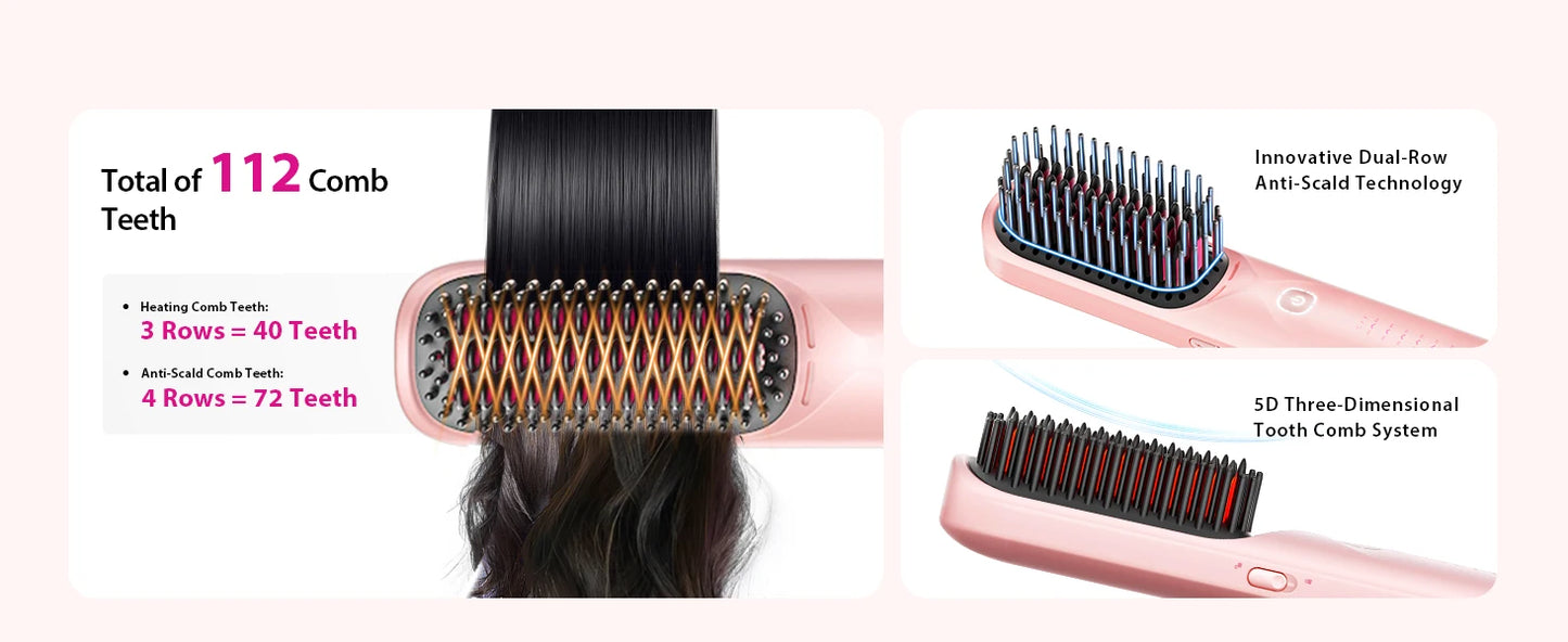 Cordless Hair Straightener Portable Brush 30s Fast Heating 10000mAh Rechargeable 300 Million Negative Ions Straightening Comb