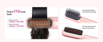 Cordless Hair Straightener Portable Brush 30s Fast Heating 10000mAh Rechargeable 300 Million Negative Ions Straightening Comb