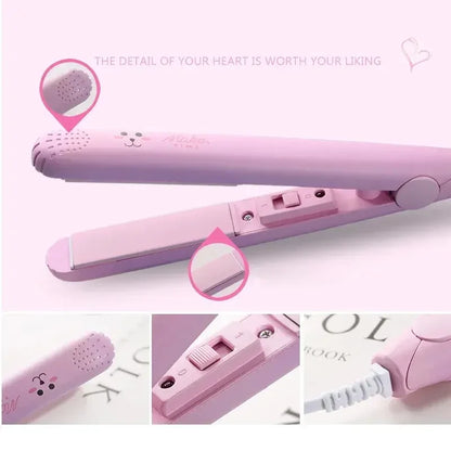 2 in 1 Cartoon Portable Traveling Bangs Hair Splint Heating Curler Ceramic Plate Ionic Mini Flat Iron Hair Straightener