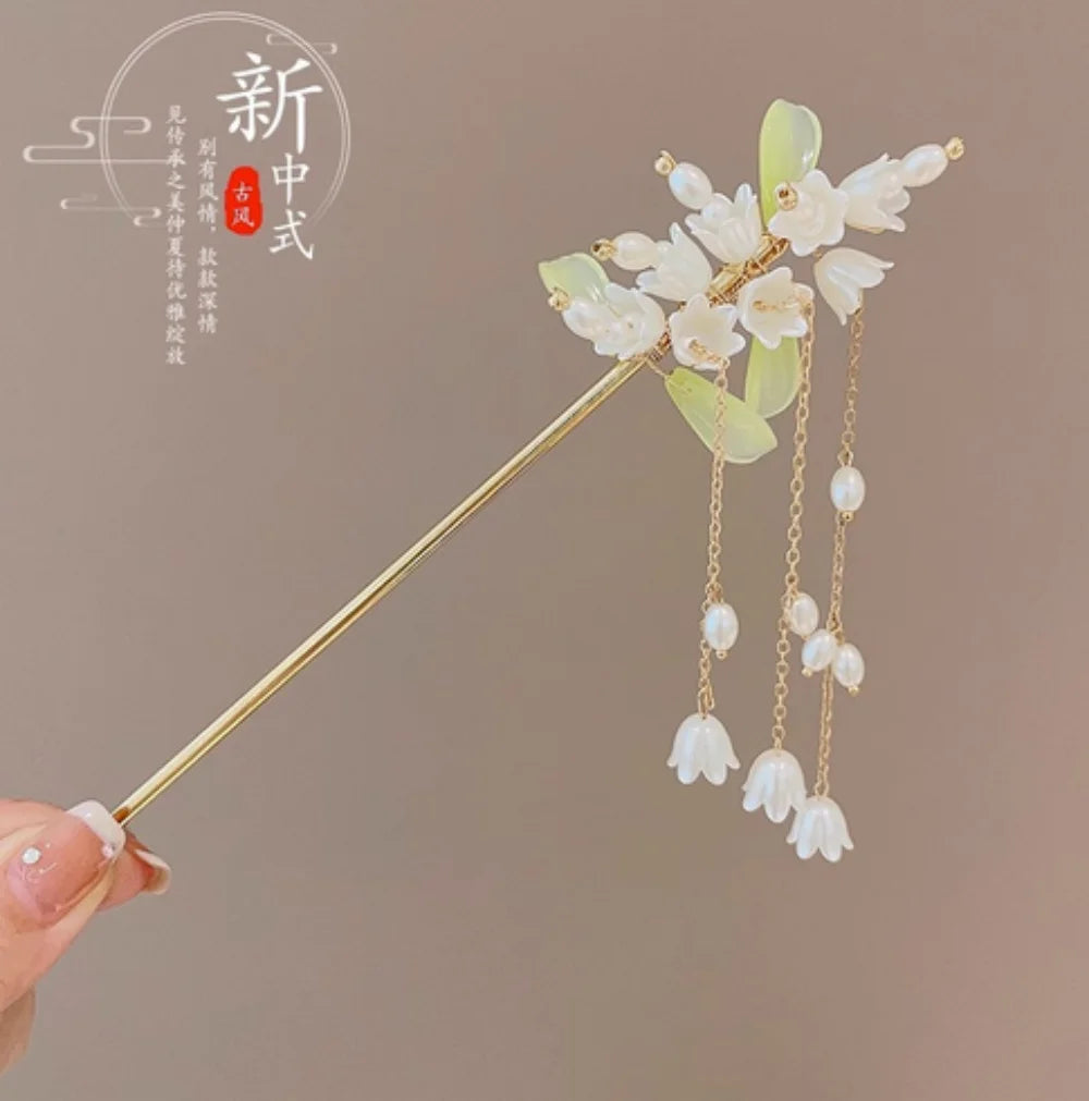 Elegant Chinese Style Hair Accessories Vintage Spring Flower Element Hairpins Light Luxury Tassel Hair Stick For Women Girls
