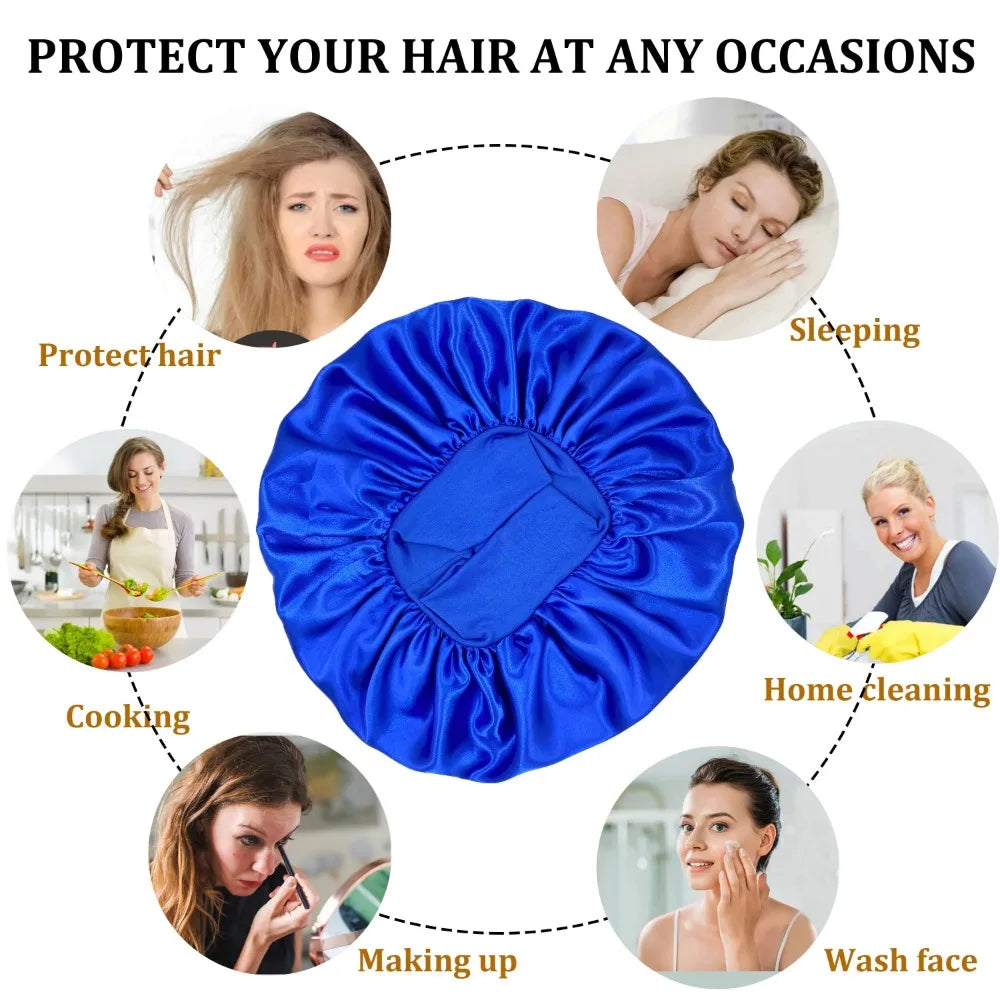 Women's Satin Solid Bonnets Wide-brimmed Night Sleeping Bathing Hat Unisex Head Wrap Elastic Band Cap Hair Care Bonnet