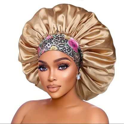 Women Extra Large Silky Satin Hair Bonnet Thick Hair Sleep Cap Elastic Band Beanie African Headwrap Flower Turban Chemo Caps