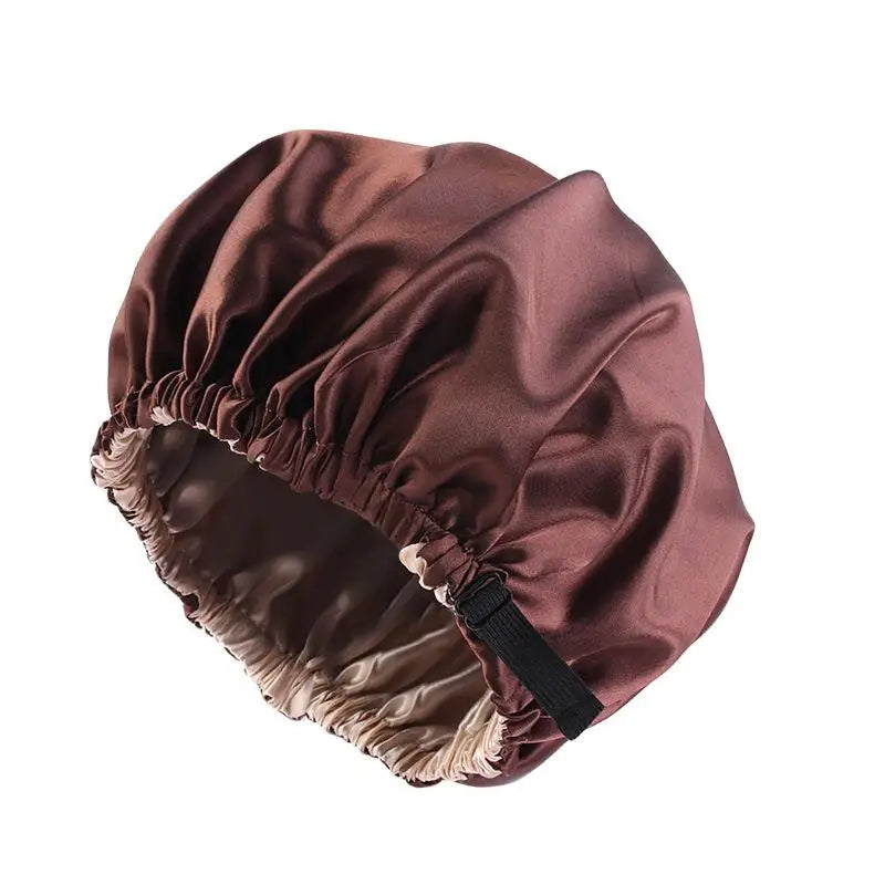 Adjustable Double Layer Satin Bonnet Nightcap Doubleside Women Round Shower Caps Night Sleep Soft Smooth Hat Solid Black Lining