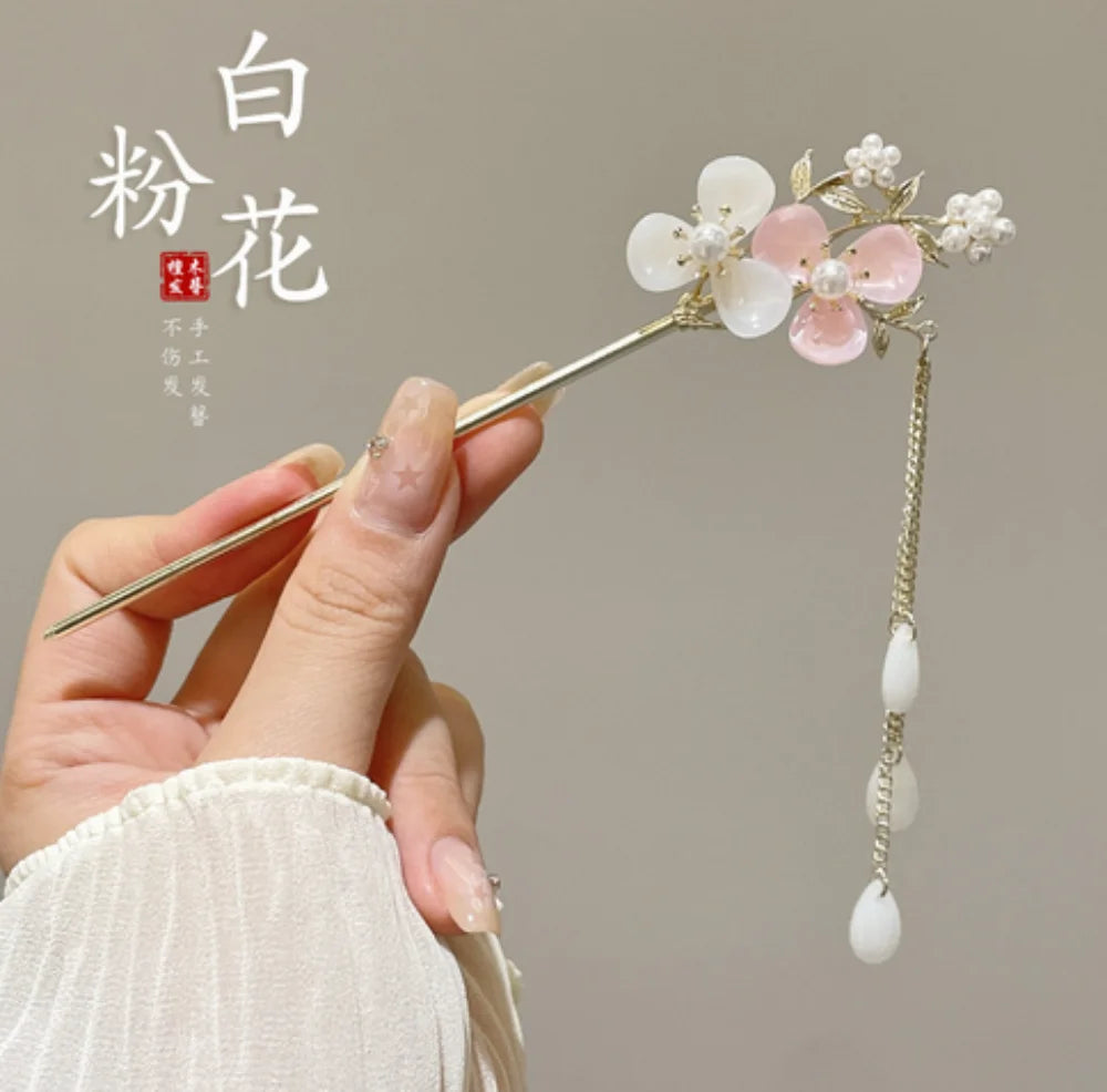 Elegant Chinese Style Hair Accessories Vintage Spring Flower Element Hairpins Light Luxury Tassel Hair Stick For Women Girls