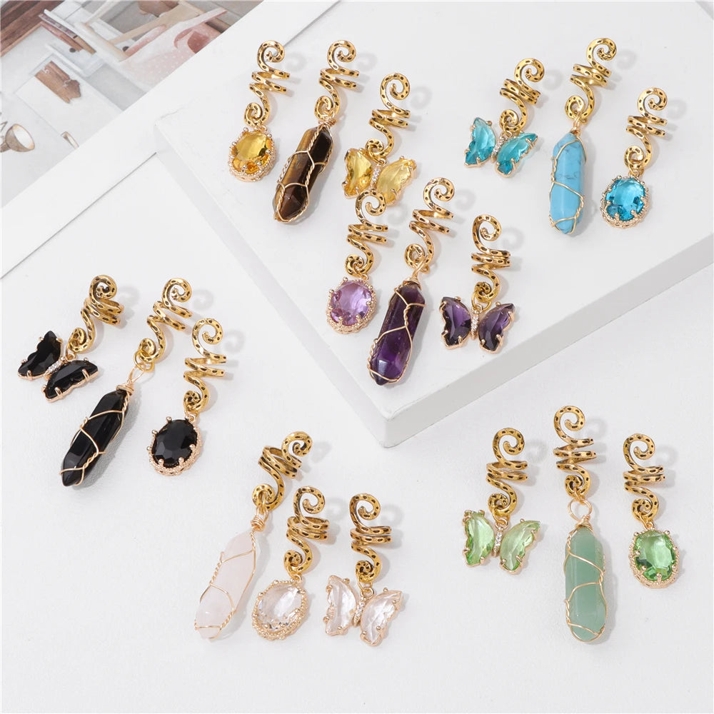 3pcs/set Crystal Hair Jewelry For Women Hexagonal Column Butterfly Charm Dreadlock Headwear Dangle Dreadlock Hair Accessories