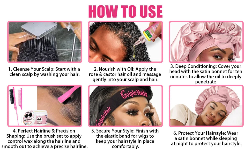 Rose & Black Castor Oil for Hair Growth Edge Control Wax Set No Flaking Black Hair Edge Styling Gel Smoother Braid Bonnet