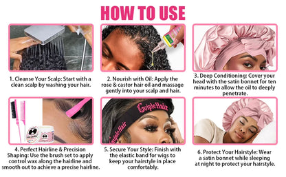 Rose & Black Castor Oil for Hair Growth Edge Control Wax Set No Flaking Black Hair Edge Styling Gel Smoother Braid Bonnet
