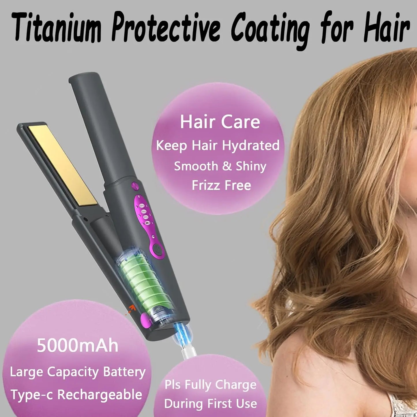 5000mAh Hair Straightener Mini Curling Iron Safety Lid Cordless Fast Heating 2 in 1 Women HairStyler For Straightening & Curling