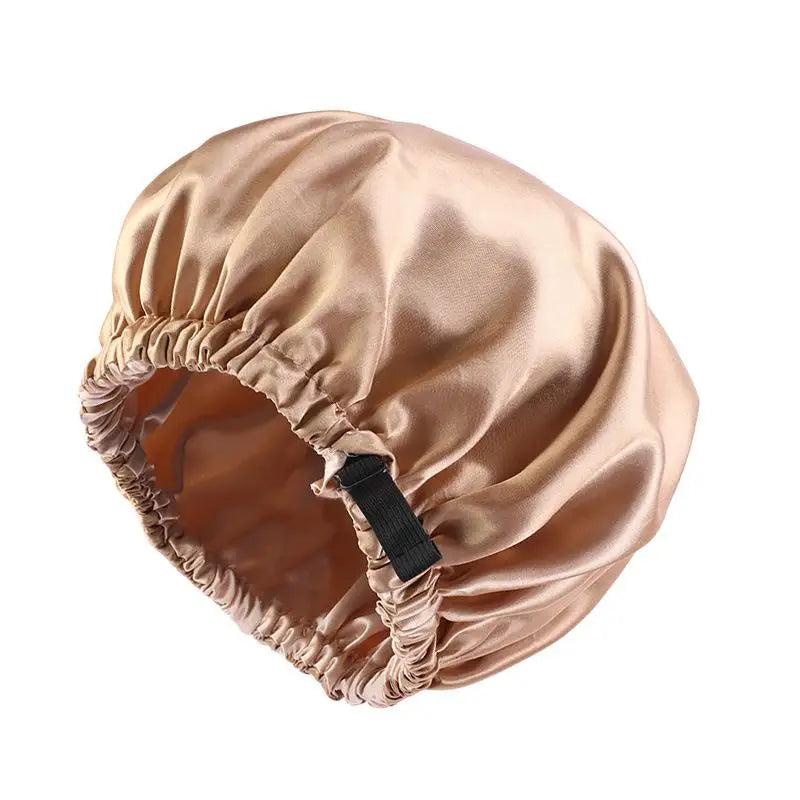 Adjustable Double Layer Satin Bonnet Nightcap Doubleside Women Round Shower Caps Night Sleep Soft Smooth Hat Solid Black Lining