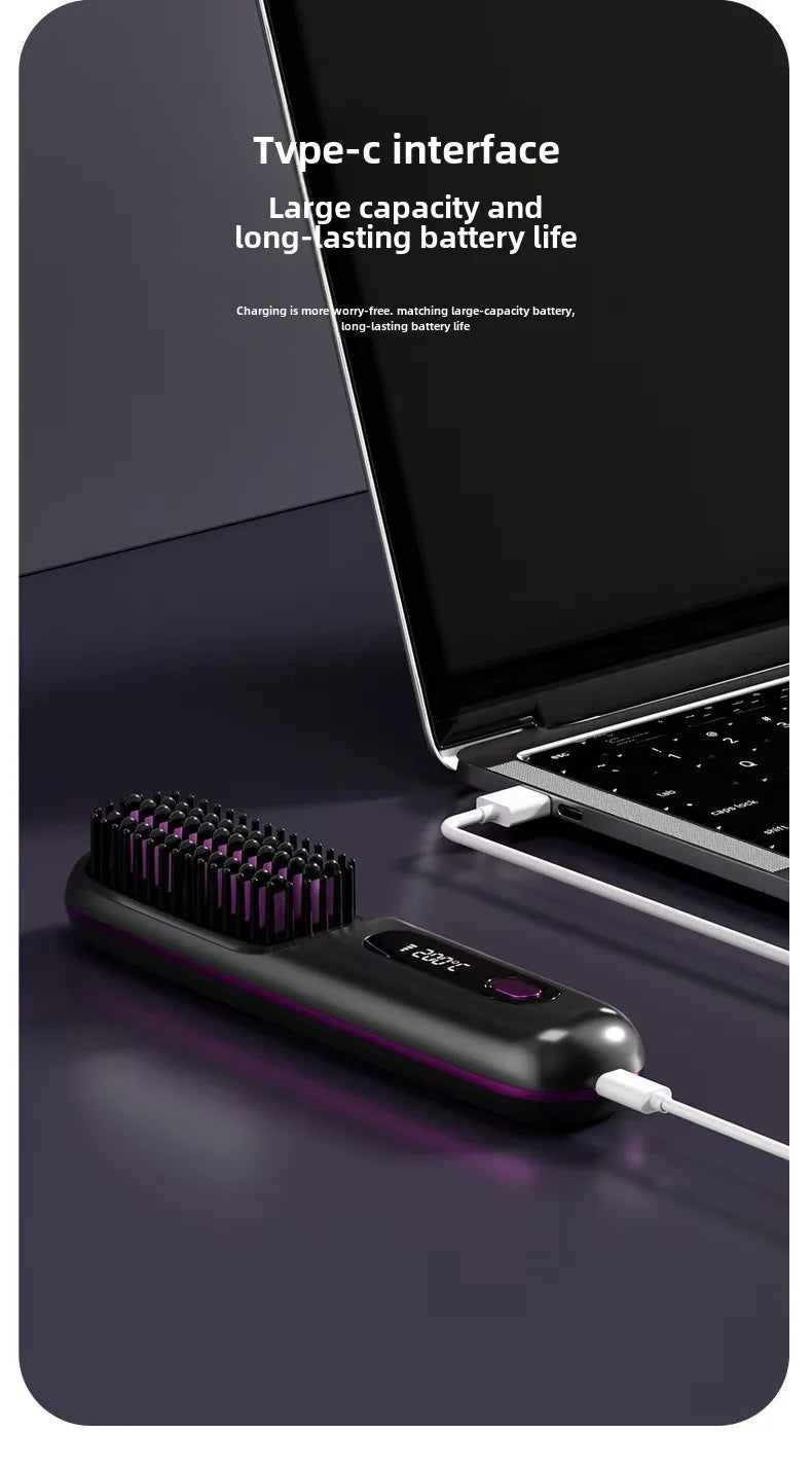 LCD Straight Hair Comb Portable Travel Hair Straightener Anti-Scald Heated Styling Brush USB Charging Cordless Hair Straightener
