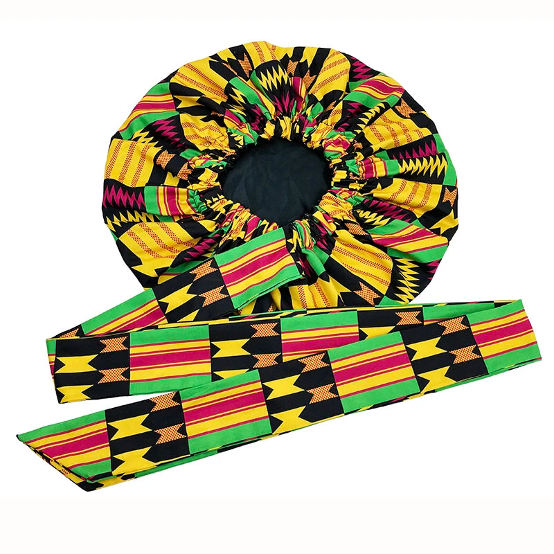 Elastic Band Large Satin Bonnet Sleeping Cap Women African Pattern Ankara Print Hat Adjustable Night Sleep Cap Soft Headcover