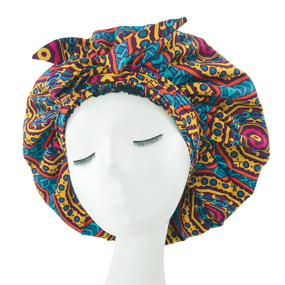 Elastic Band Large Satin Bonnet Sleeping Cap Women African Pattern Ankara Print Hat Adjustable Night Sleep Cap Soft Headcover