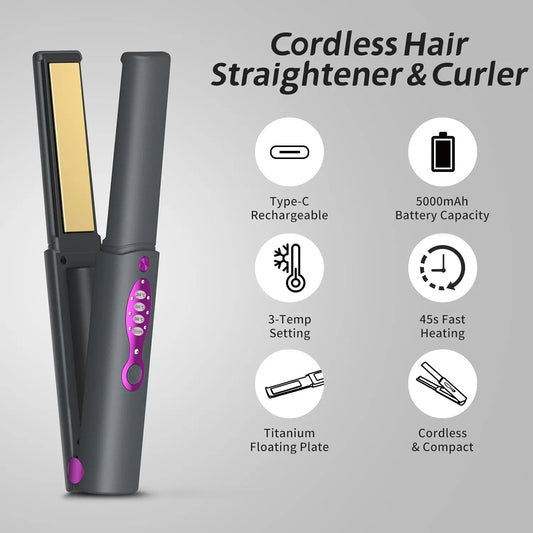 5000mAh Hair Straightener Mini Curling Iron Safety Lid Cordless Fast Heating 2 in 1 Women HairStyler For Straightening & Curling