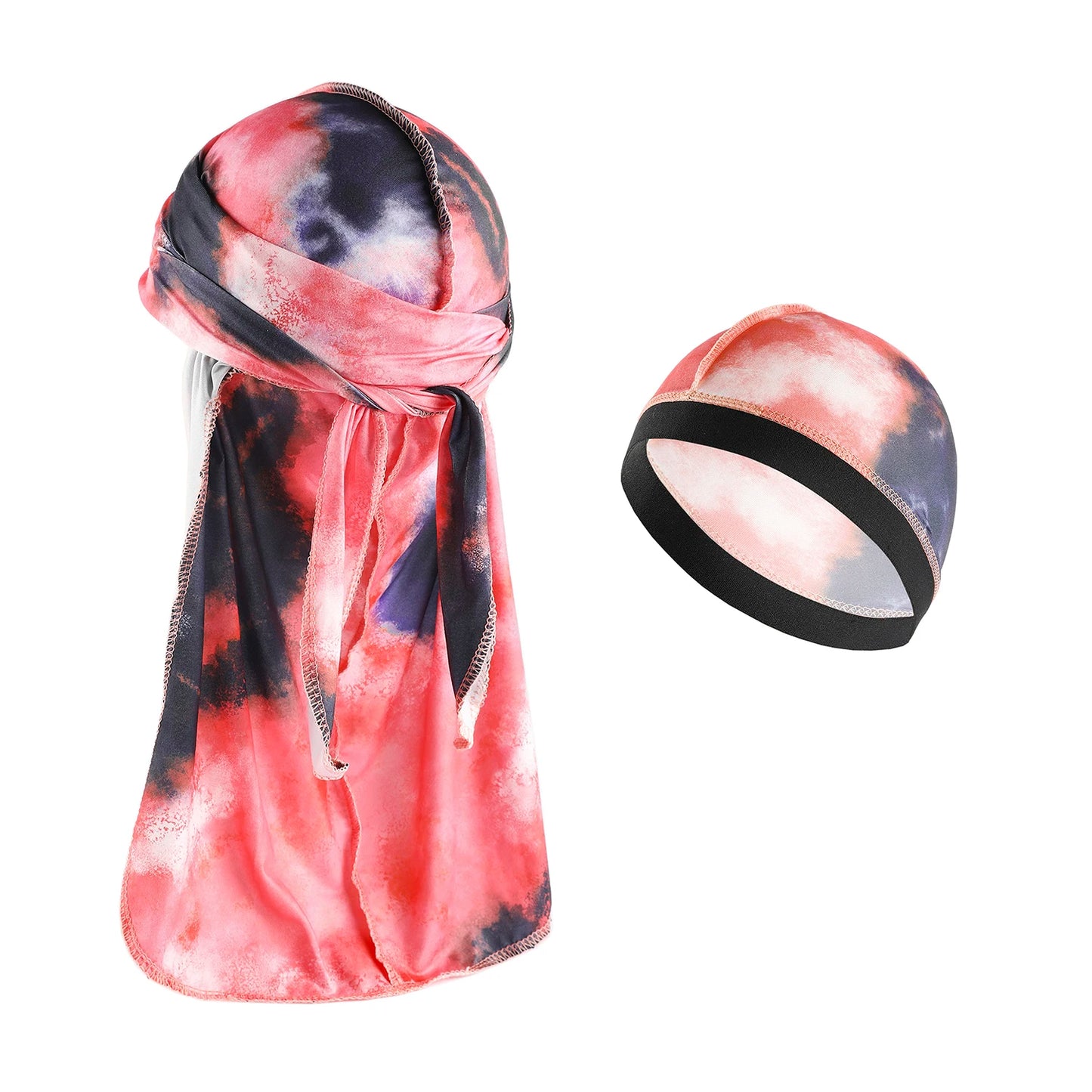 Spandex Durag & Wave Cap Set Longtail Hiphap Fashion Head Wrap