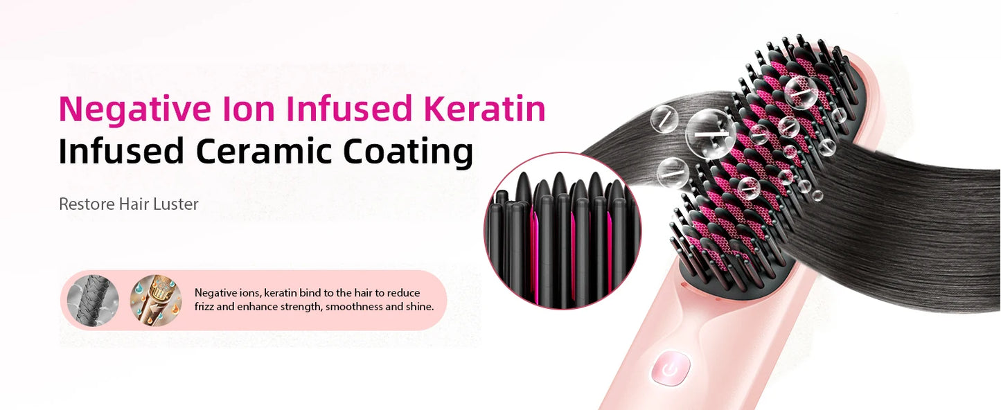 Cordless Hair Straightener Brush 450°F Adjustable Temp 30s Fast Heating 10000mAh Travel Wireless Straightening Comb Adult Kids