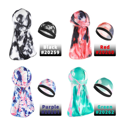 Spandex Durag & Wave Cap Set Longtail Hiphap Fashion Head Wrap
