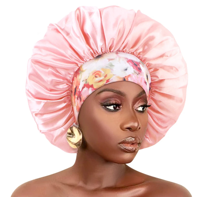 Women Extra Large Silky Satin Hair Bonnet Thick Hair Sleep Cap Elastic Band Beanie African Headwrap Flower Turban Chemo Caps