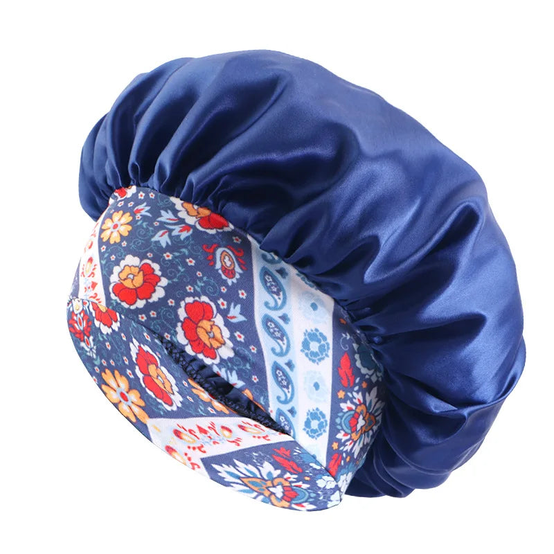 Women's Satin Solid Sleeping Hat Night Sleep Hair Care Bonnet Nightcap Silky Shower Caps Elastic Flower Print Band Unisex Cap