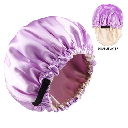 Adjustable Double Layer Satin Bonnet Nightcap Doubleside Women Round Shower Caps Night Sleep Soft Smooth Hat Solid Black Lining