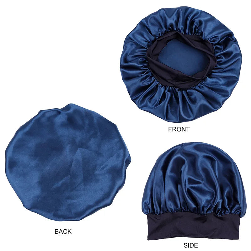 Women's Satin Solid Bonnets Wide-brimmed Night Sleeping Bathing Hat Unisex Head Wrap Elastic Band Cap Hair Care Bonnet
