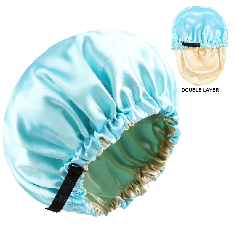 Adjustable Double Layer Satin Bonnet Nightcap Doubleside Women Round Shower Caps Night Sleep Soft Smooth Hat Solid Black Lining