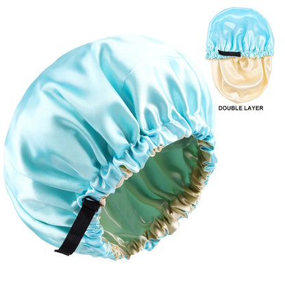 Adjustable Double Layer Satin Bonnet Nightcap Doubleside Women Round Shower Caps Night Sleep Soft Smooth Hat Solid Black Lining