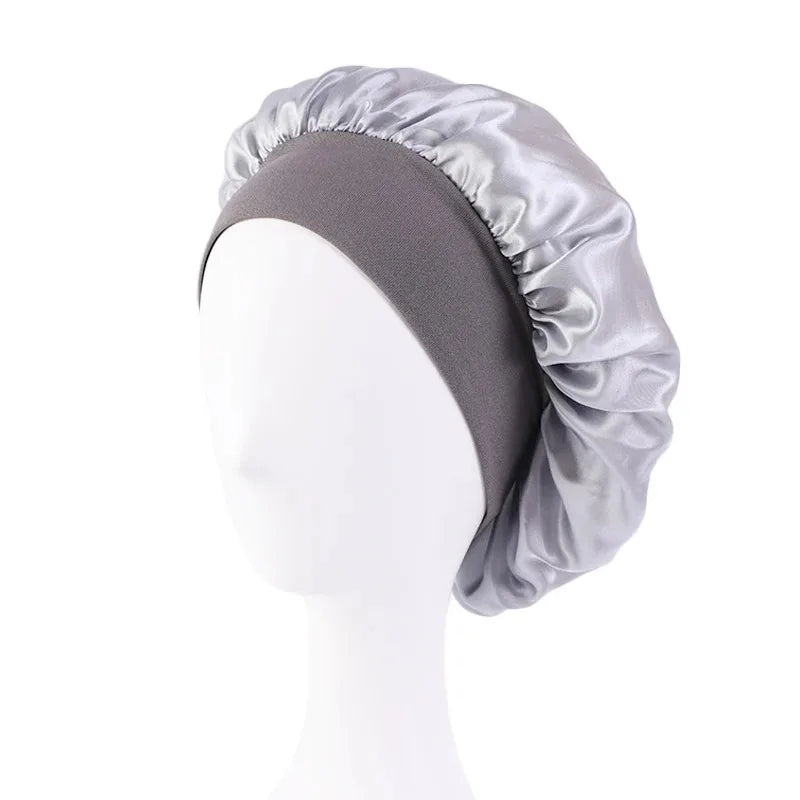 Women Satin Bonnet Hair Bonnet for Sleeping Hair Care Silk Bonnets Solid Wide-brimmed Sleeping Hat with Elastic Soft Band