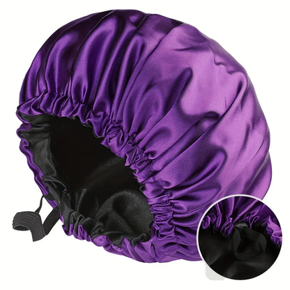Fashionable Bonnet Solid Color Silky Satin Fabric Elastic Button Double Layer Sleep Hair Hat Women's Aily Home Casual Sleep Hat