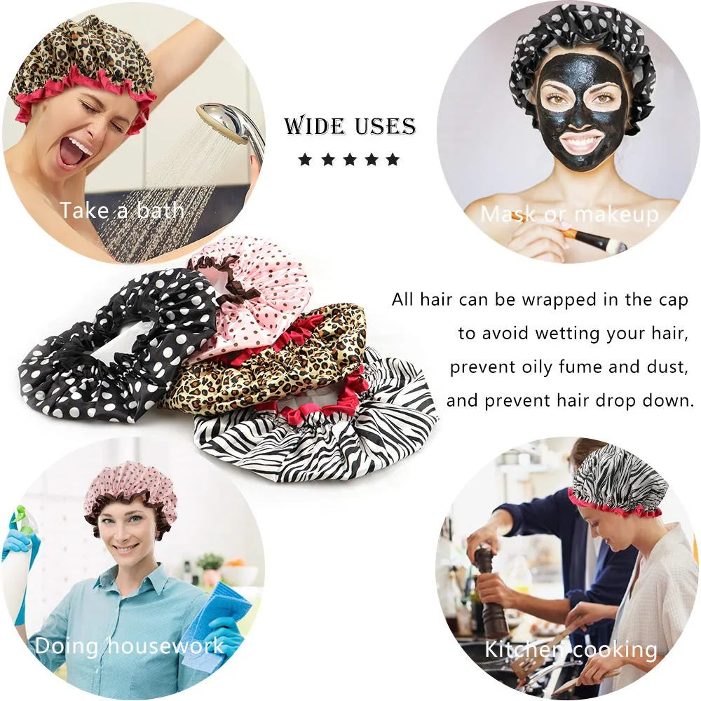 4 Pieces Shower Cap for Women Satin Waterproof, Shower Cap for Women Waterproof, Elastic and Reusable Double Layered Shower Caps