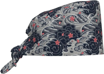 Japanese Wave Cherry Blossoms Working Cap Scrub Cap with Sweatband Adjustable Unisex Women Tie Back Hat Nurse  Caps