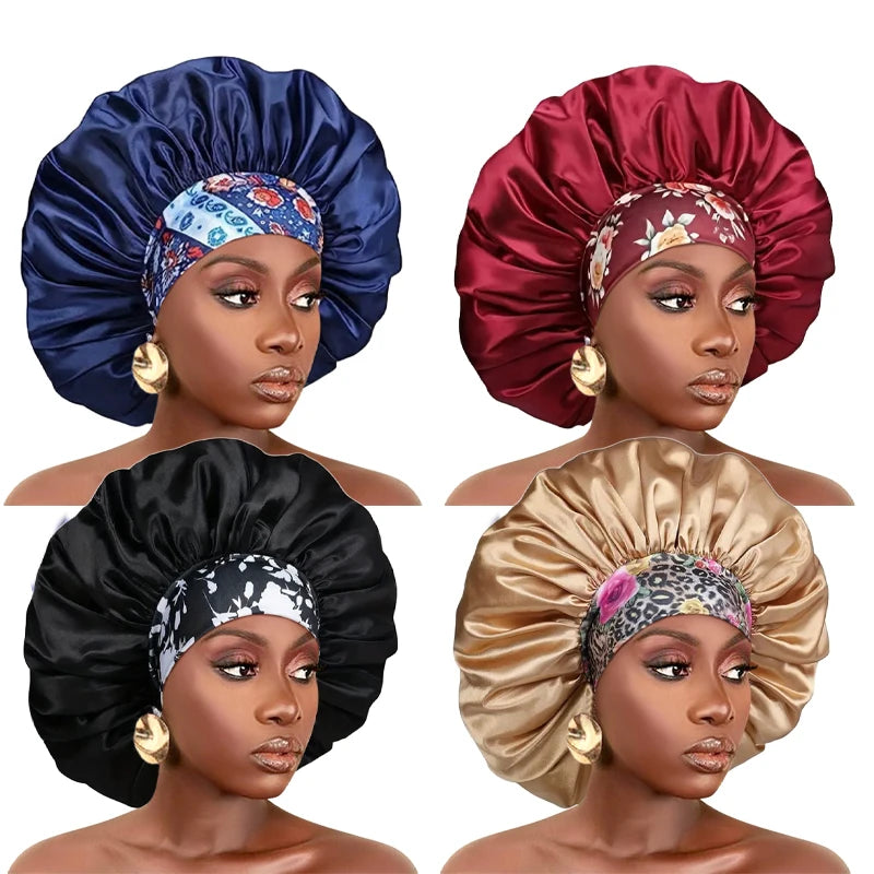 Women Extra Large Silky Satin Hair Bonnet Thick Hair Sleep Cap Elastic Band Beanie African Headwrap Flower Turban Chemo Caps