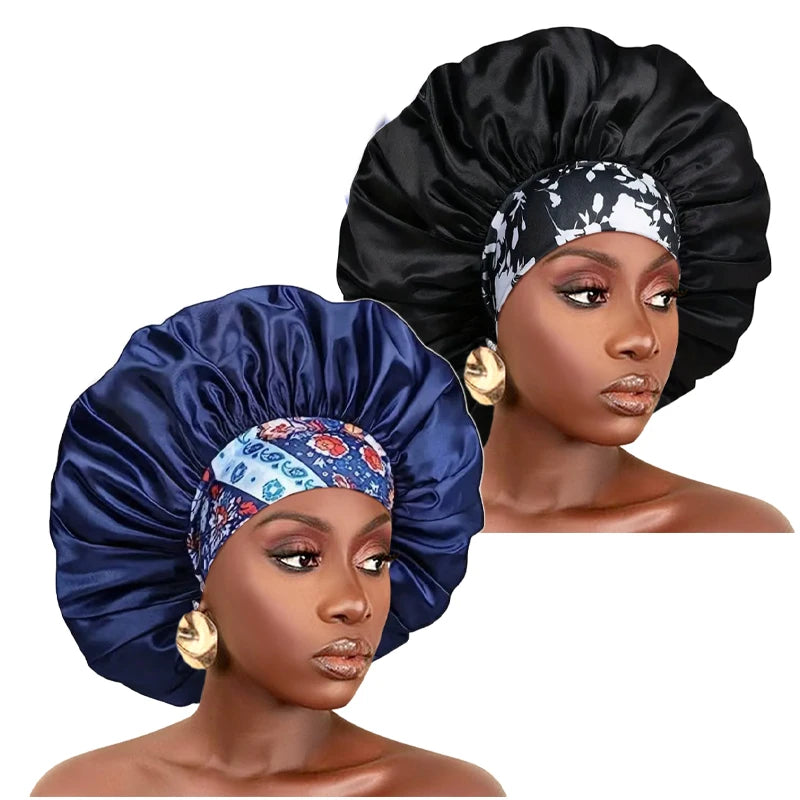 Women Extra Large Silky Satin Hair Bonnet Thick Hair Sleep Cap Elastic Band Beanie African Headwrap Flower Turban Chemo Caps