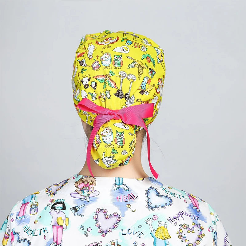 Printed Surgical Cap Scrub Cotton With Button Doctor Wrap Long Hair Adjustable Lace-up Women Beauty Care Hospital Accessories