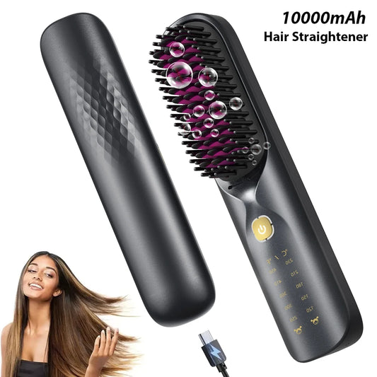 Cordless Hair Straightener Portable Brush 30s Fast Heating 10000mAh Rechargeable 300 Million Negative Ions Straightening Comb