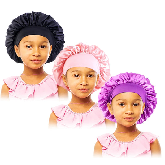 3pcs/lot Baby Stertchy Band Stain Bonnet Silk Wide Band Sleeping Cap Kids Turban Night Hat Care Beanie Silky Solid Color Turban
