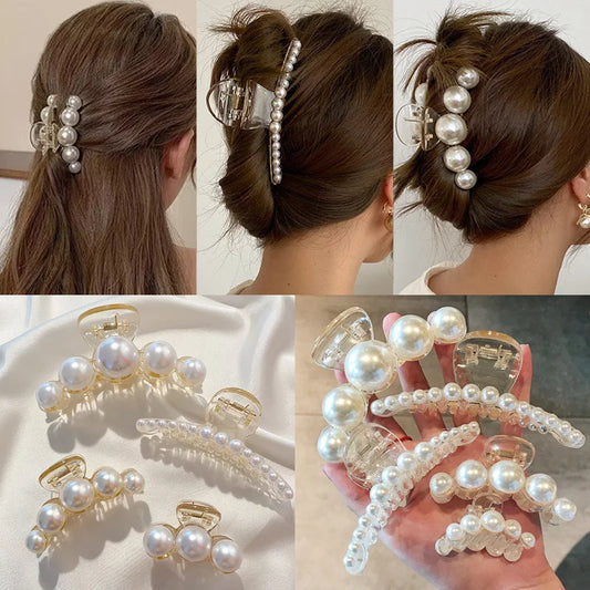 Vintage Pearl Clips Set Large Claw Korean Ponytail Big Barrettes Jaw Hairpins For Women Hair Accessories Hairgrip Gift