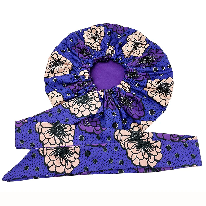 Elastic Band Large Satin Bonnet Sleeping Cap Women African Pattern Ankara Print Hat Adjustable Night Sleep Cap Soft Headcover